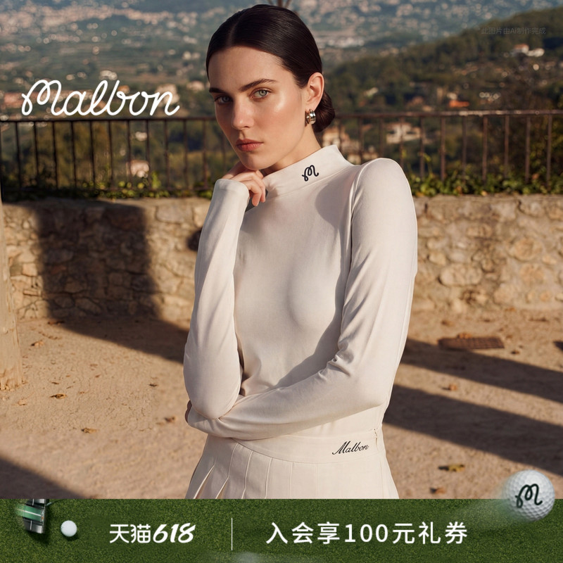 Malbon Women's Golf Casual Sports Embroidered Logo High Neck Slim Fit Solid Color Casual Long Sleeve Base T-Shirt Malbon Women's Golf Casual Sports Embroidered Logo High Neck Slim Fit Solid Color Casual Long Sleeve Base T-Shirt