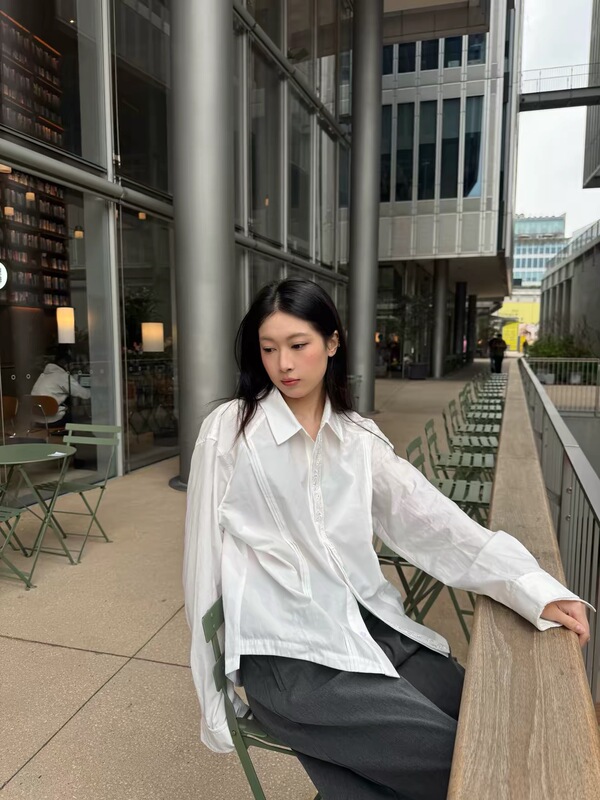 Nese Eternal Flower Embroidered Shirt, Niche Design, High-End Feel, Solid Color Pleated Long-Sleeve Top for Men and Women