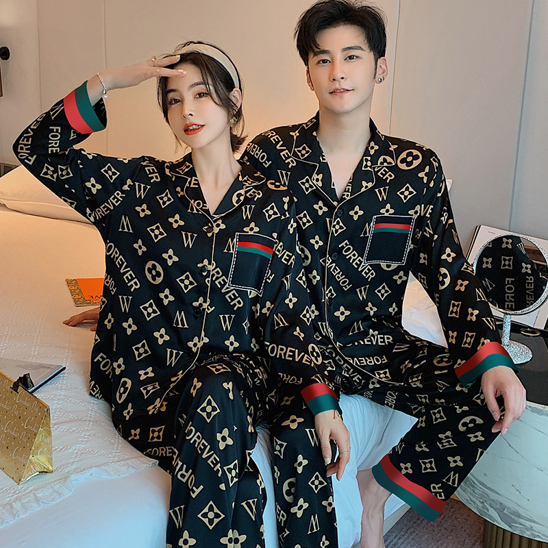 Japanese High-End Light Luxury French-Style Ice Silk Couple Pajamas Set, New Summer Letter Print Mulberry Silk Loungewear