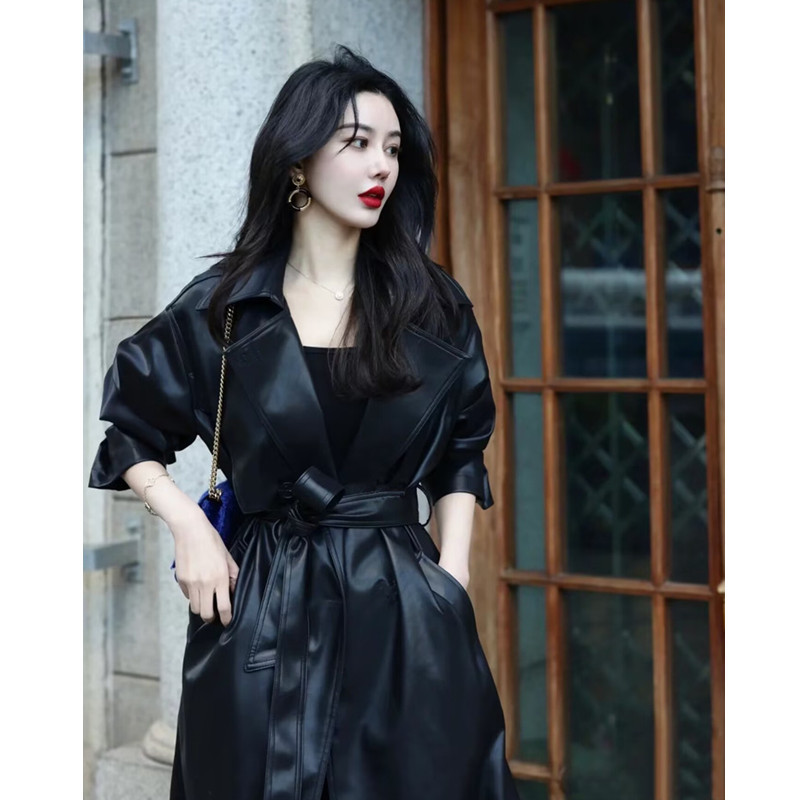 Cool and Stylish Pu Leather Trench Coat for Women, 2025 Autumn and Winter New Korean Style Mid-Length Over-The-Knee Belted Leather Jacket, Thickened Coat