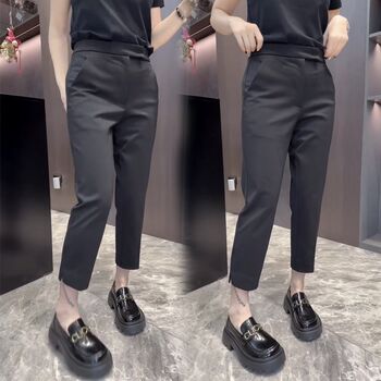 Spring new style small-footed trousers for women, elastic slimming and versatile harem pants with slit legs, cigarette pants, nine-point fashion pants Spring new style small-footed trousers for women, elastic slimming and versatile harem pants with slit legs, cigarette pants, nine-point fashion pants