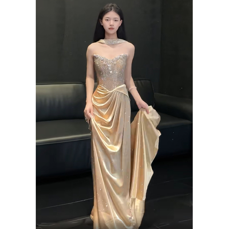 Gold Strapless Evening Dress, High-End Heavy Craftsmanship Bridal Engagement Wedding Toast Dress, Small Train Banquet Host Dress