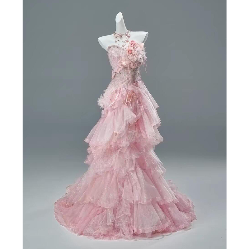 Pink Strapless Evening Dress 2026 New Style Student Graduation Coming-Of-Age Ceremony Birthday Cake Dress Bride Wedding Toast Dress