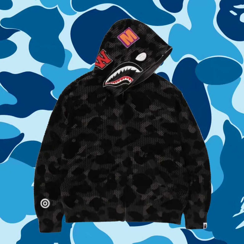 Ape Man Made/Ape Man Neighbor Camouflage Shark Hollow Patch Embroidery Cartoon Cute Y2K Hooded Sweatshirt Jacket Ape Man Made/Ape Man Neighbor Camouflage Shark Hollow Patch Embroidery Cartoon Cute Y2K Hooded Sweatshirt Jacket