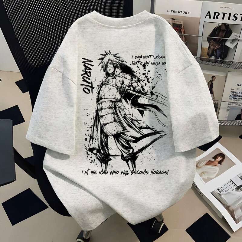 Naruto Uchiha Madara Anime Printed Short-Sleeved T-Shirt for Men and Women, Summer Loose and Versatile Pure Cotton Top