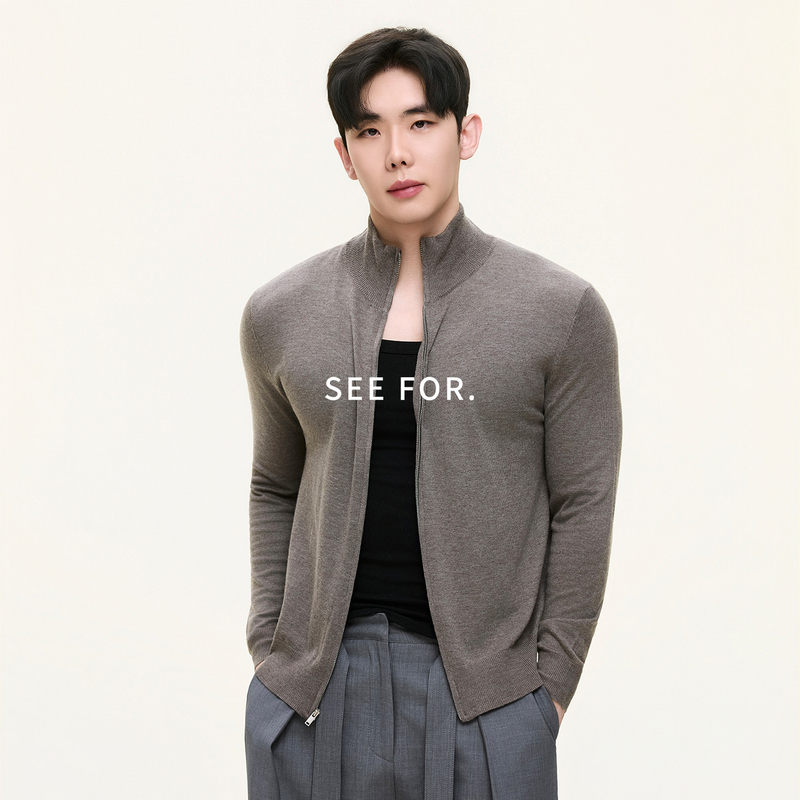 See For【Sushu Slimfit Series】Wool Blend Fine Knit Cardigan Sweater for Men, Slim Fit Knitwear