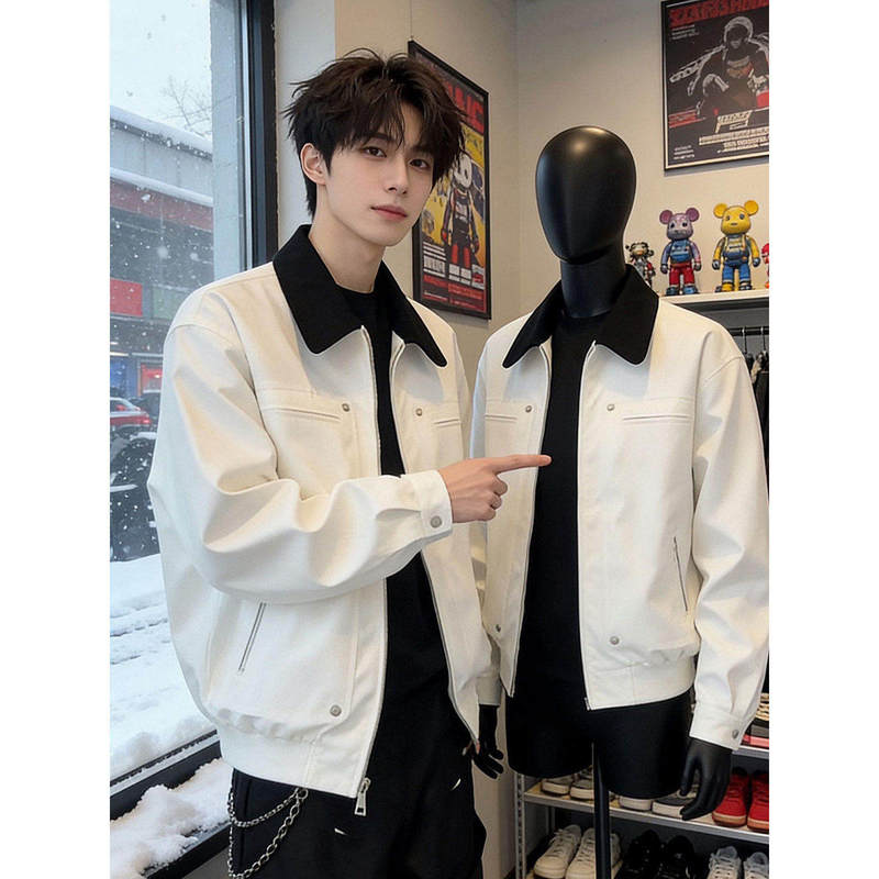 Detroit White Work Jacket for Men, Spring Color-Blocked, Regular Shoulder, Turn-Down Collar, American Style Top, Harrington Short Jacket