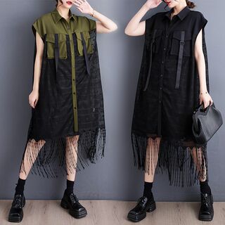 2023夏装新款港风连衣裙时尚个性马甲撞色拼接网纱蕾丝衬衫裙设计