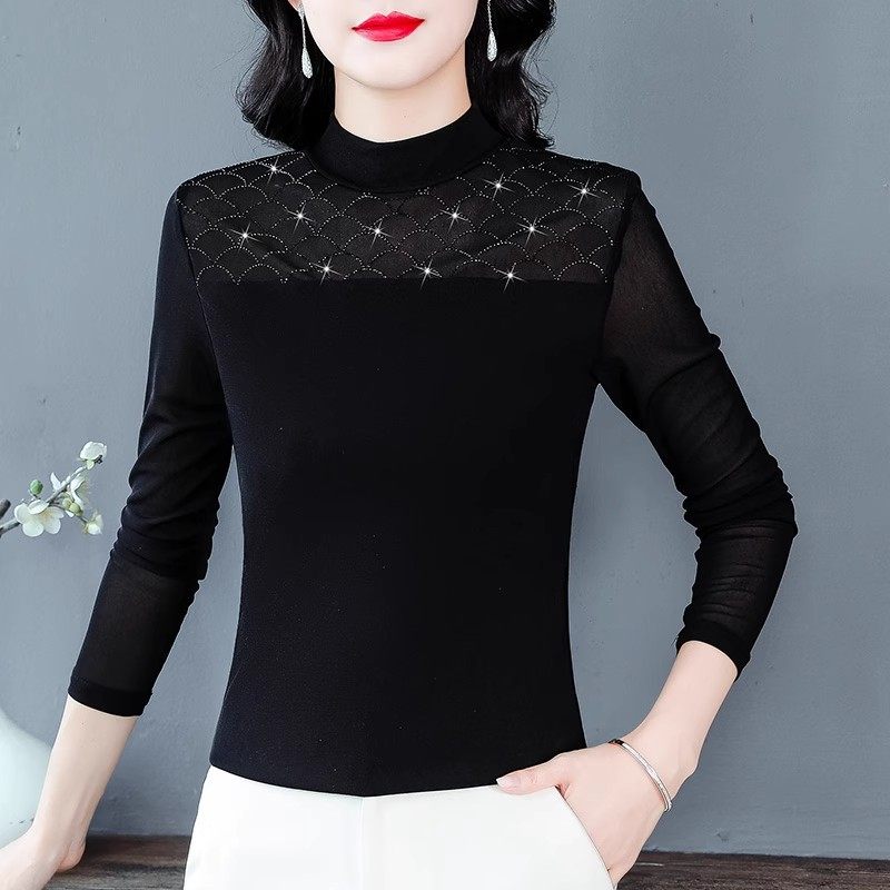 Jiaoyinduo, осенне-зимняя новая кружевная сетчатая футболка с длинными рукавами, женская нижняя рубашка плюс бархатная кружевная эластичная футболка с бриллиантами, топ