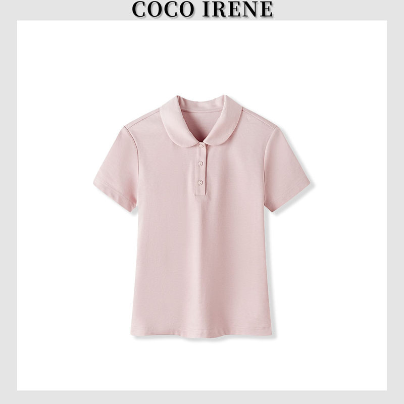 Coco Irene 【Mist Pink Poio Shirt】 Regular Shoulder Polo Collar Mulberry Silk Blend Age-Reducing Short Sleeve