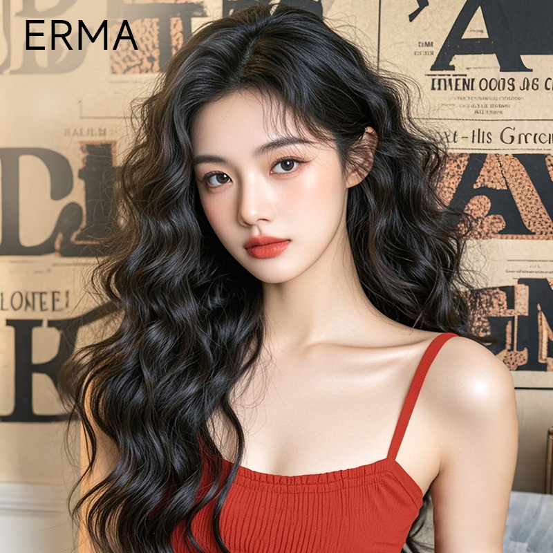 Wool Curly Wig Full Headpiece Real Hair Hong Kong Style Retro Lazy Long Curly Hair Natural Seamless Full Wig Set