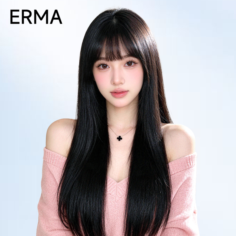 Full Head Wig for Women with Bangs, Black Long Straight, Micro-Needle Molecular, Natural, Seamless, Real Hair, No Maintenance, Full Wig