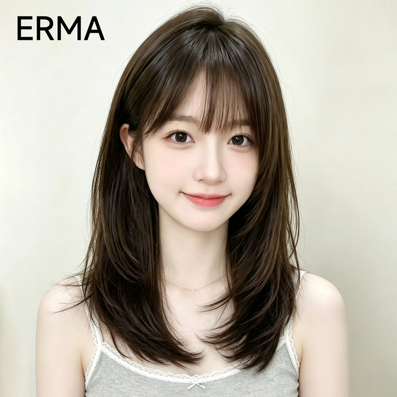 Clavicle-Length Wig Full Head Set for Women, Layered Real Human Hair with Air Bangs, Natural Seamless Invisible High-End Wig Set Clavicle-Length Wig Full Head Set for Women, Layered Real Human Hair with Air Bangs, Natural Seamless Invisible High-End Wig Set