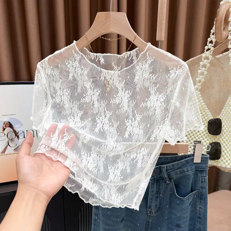 [Buy One, Get One Free] Ruffled Lace Short-Sleeve T-Shirt for Women, Worn under a Slip Dress, Anti-Exposure Ice Silk Mesh
