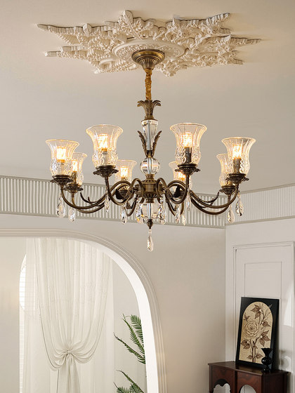 All-Copper American-Style Vintage Living Room Chandelier, Light Luxury French-Style Elegant Dining Room Lamp, High-End Bedroom Designer Crystal Lamp