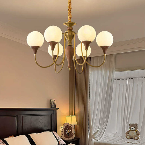 American-Style Retro All-Copper Living Room Chandelier, Vintage Style, Elegant Dining Room and Bedroom Lamp, North American Black Walnut Wood, Light Luxury, Eye-Friendly