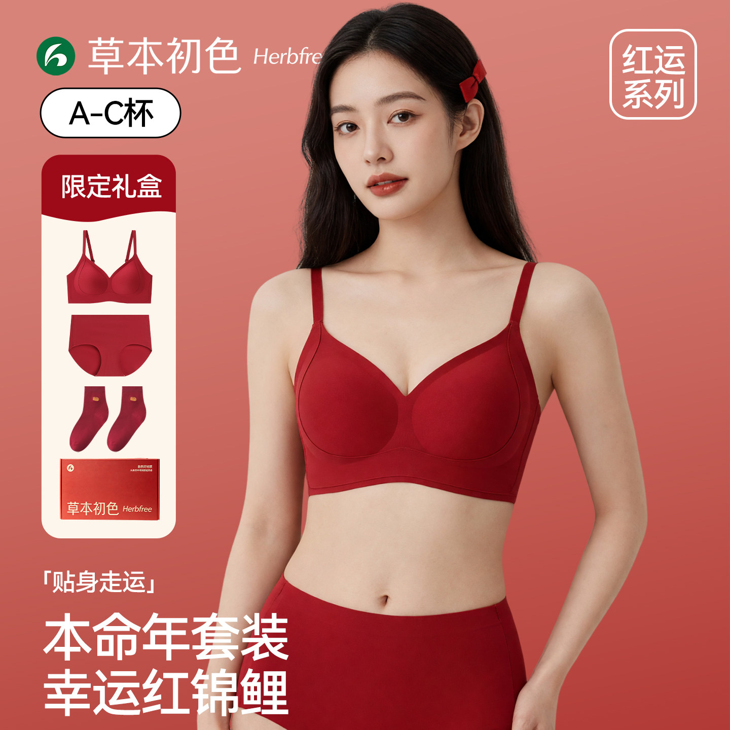 Herbal Natural Red Lingerie Set for Women, Wedding Bride, Small Bust Push-Up, Zodiac Year Bra, Panties, Socks Gift Box