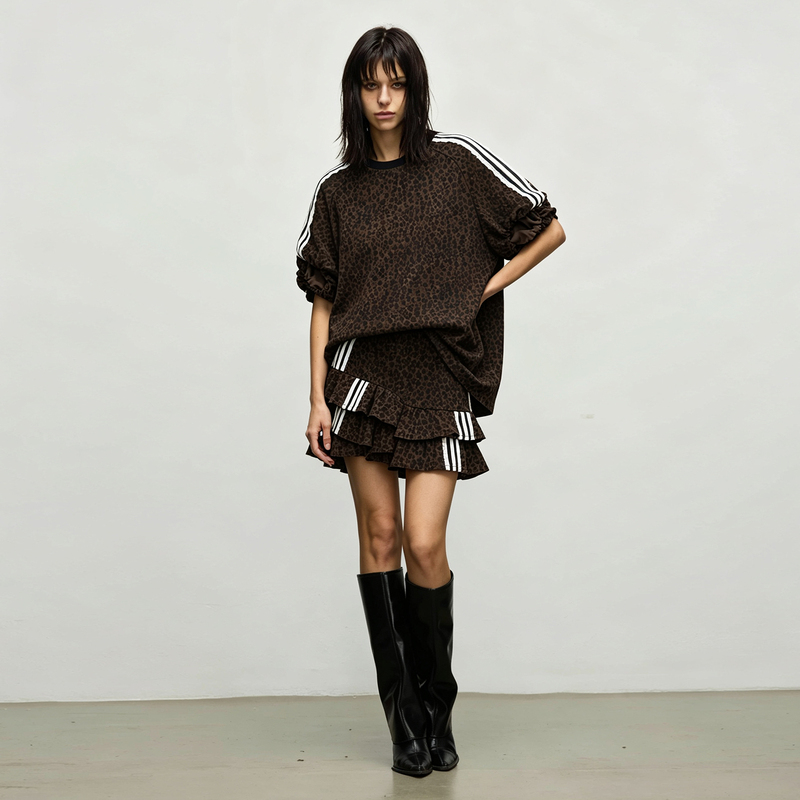 Ggaholiday Trendy Short-Sleeved Puff-Sleeve Leopard Print T-Shirt and Skirt Set American Street Style Wild Lace