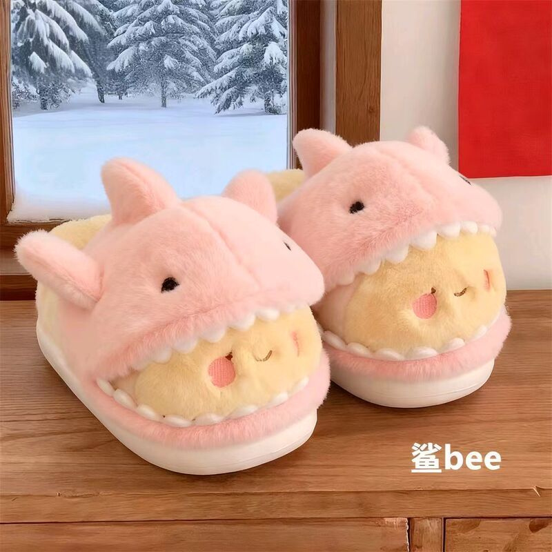 Couple's Winter Home Cotton Slippers, Fun Shark Bee, Cute Shark Bee Design, Non-Slip, Closed Heel, Furry Shoes for Men and Women