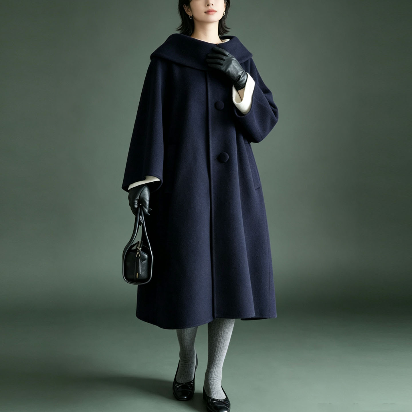 Women's long wool coat, navy blue, large lapel, loose silhouette, high-end wool cape coat, autumn and winter trendy.