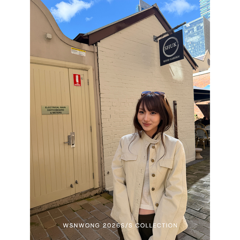 Wsnwong American Retro Sand-Colored Motorcycle Short Jacket for Women, Spring and Autumn Versatile Pure Cotton Stand-Collar Workwear Jacket