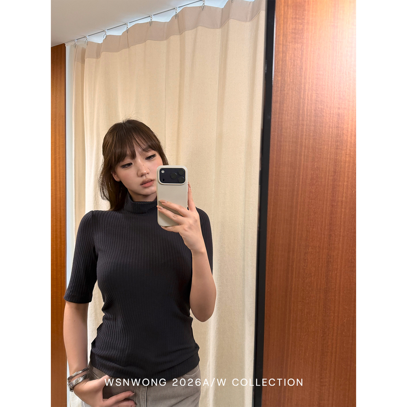 Wsnwong Korean-Style Ins High-Neck Ribbed Half-Sleeve Knit Sweater for Autumn and Winter, Slim Fit, Versatile Base Layer Wsnwong Korean-Style Ins High-Neck Ribbed Half-Sleeve Knit Sweater for Autumn and Winter, Slim Fit, Versatile Base Layer