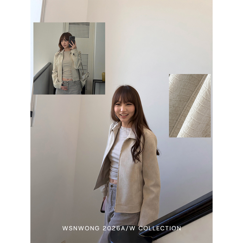 Wsnwong Matte Crocodile Pattern Short Leather Jacket for Women, Autumn and Winter Casual Design, Off-White Jacket Top Wsnwong Matte Crocodile Pattern Short Leather Jacket for Women, Autumn and Winter Casual Design, Off-White Jacket Top