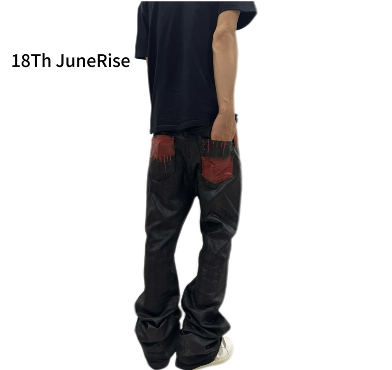 18Th Junerise Original Handmade "Blood Print” Black Waxed Hand-Painted Printed Street Style 13oz Jeans