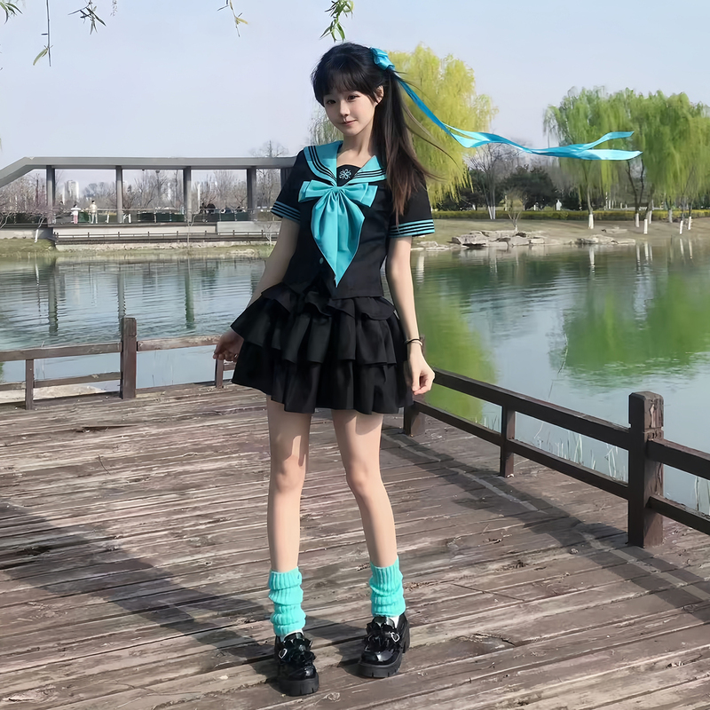 Little Cat Doesn'T Stay up Late Original Jk Uniform Outfit Short Sleeve Waist-Cinching Spring/Summer Sailor Suit Cake Skirt Plus Size Slimming Set