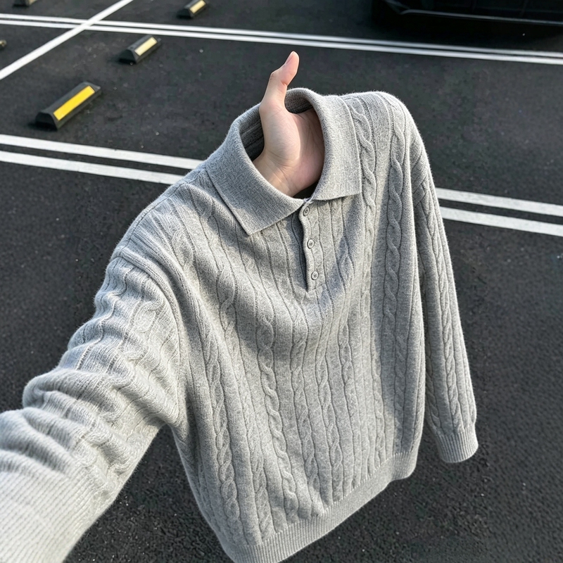 High-End Men's Cable Knit Pullover Polo Collar Sweater, Autumn Loose Vintage Old Money Style Long-Sleeve Knitwear High-End Men's Cable Knit Pullover Polo Collar Sweater, Autumn Loose Vintage Old Money Style Long-Sleeve Knitwear