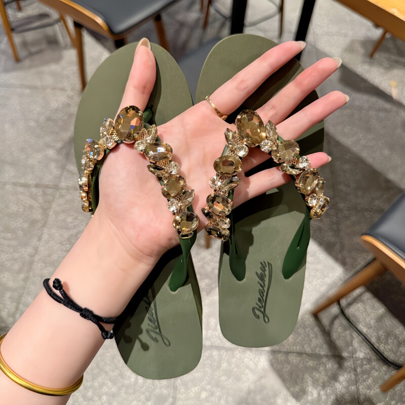 [Elegant Girls] Rhinestone Slippers for the Beach, Non-Slip Women's Sandals for Outdoor Wear, Casual Flip-Flops, Anti-Odor Soft Soles