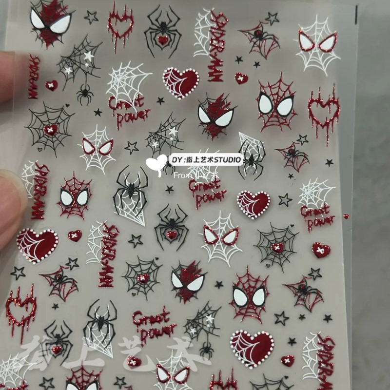 Halloween Hot Girl Spider Nail Art Stickers Dark American Metal Red Spider-Man Large Size Adhesive Nail Stickers