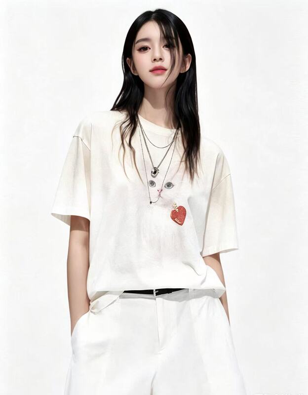 Short-Sleeved T-Shirt Moco2026 Summer New Product Xinjiang Cotton Cute Cat Print Loose Shoulder Round Neck Mbf2Teet22