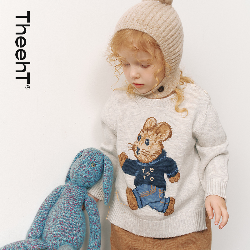 Theeht Children's Clothing Early Spring Boys' and Girls' Loose Children's Sweater Runrun Rat and Rabbit Jacquard Machine Washable Sweater