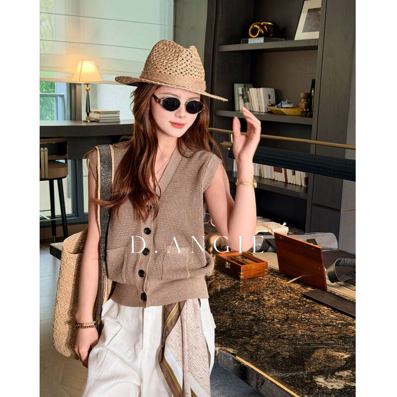 D.Angie Angel【Caramel Macchiato】Knitted Vest Vest with Hollow-Out Design Linen Cotton V-Neck Top for Women