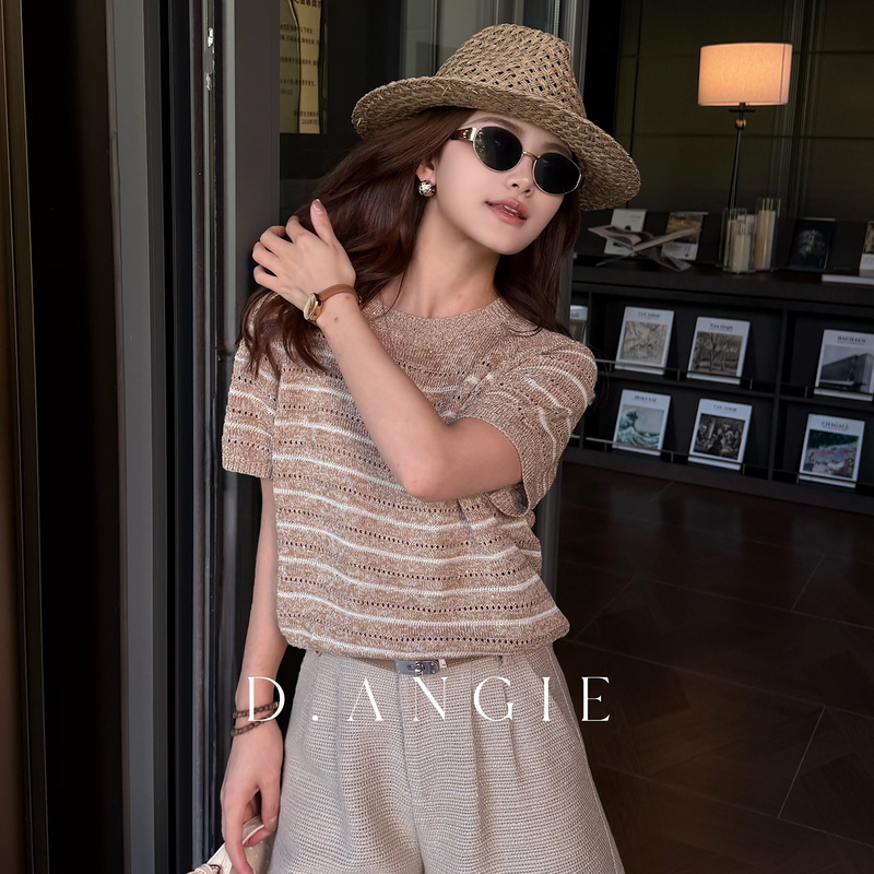 Ding Anqi French-Style Striped Hollow-Out Knit Short-Sleeve Women's Summer New High-End Unique Beautiful Linen Elegant Top