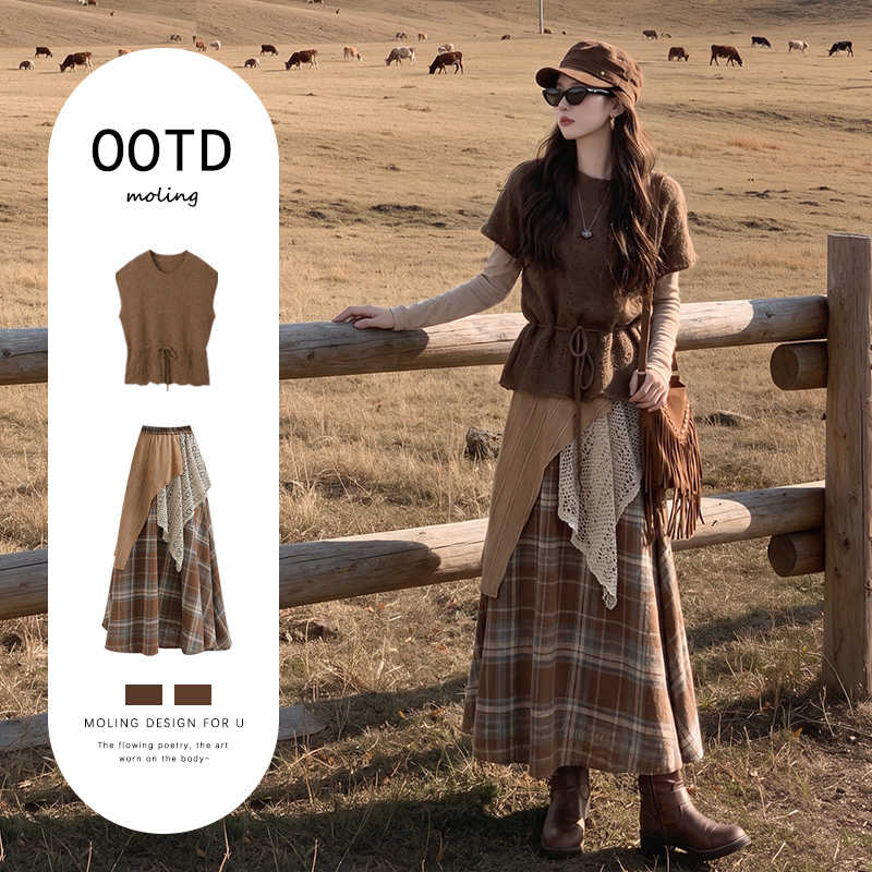 Bohemian Dress for Traveling in the Sichuan Plateau, Autumn Melard Ethnic Style Layered Knit Suit