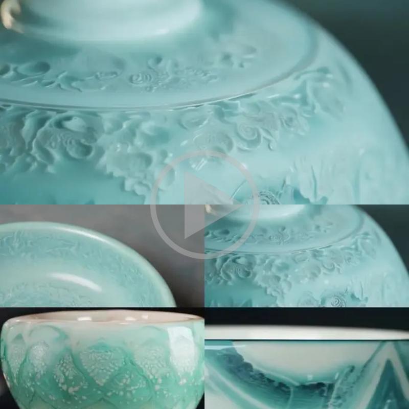 High-Definition Ru Porcelain in Sky Blue Color, Ceramic Firing Craftsmanship, Original Intangible Cultural Heritage, Handcrafted Collectible, Porcelain Video Material