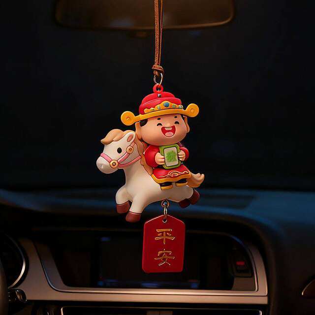 Little God of Wealth Car Interior Rearview Mirror Hanging Ornament with Good Luck Meaning, 2026 Year of the Horse New Model Decoration for Women and Men
