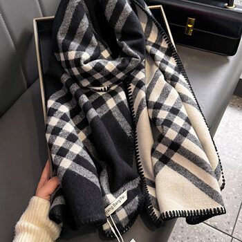 Scarves in the Same Style as Jun Ji-Hyun, Black and White Striped Plaid, Women's Winter High-End 2025 New Faux Cashmere Shawl and Neck Warmer