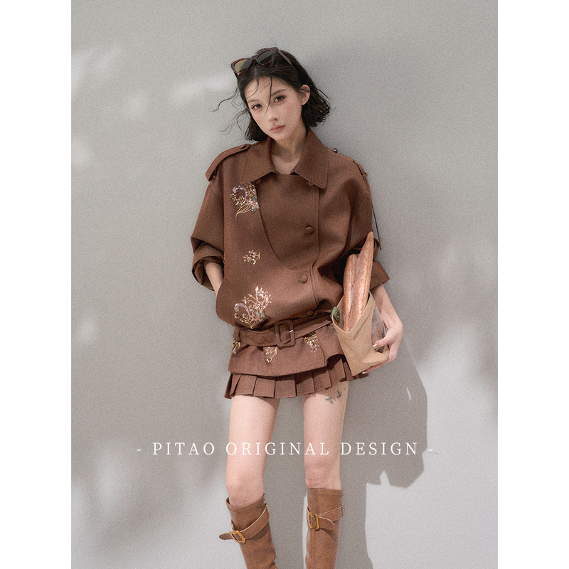 Pitao Original "Hazelnut Amber" Autum Melard Caramel Brown Windbreaker Jacket Pleated Skirt Suit for Women Pitao Original "Hazelnut Amber" Autum Melard Caramel Brown Windbreaker Jacket Pleated Skirt Suit for Women