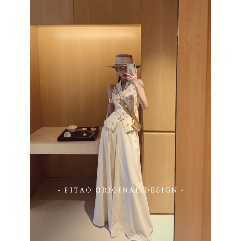Pitao Original "Bangkok Holiday" Summer French Retro Pure Cotton Embroidered Vest Wide-Leg Pants Suit Pitao Original "Bangkok Holiday" Summer French Retro Pure Cotton Embroidered Vest Wide-Leg Pants Suit