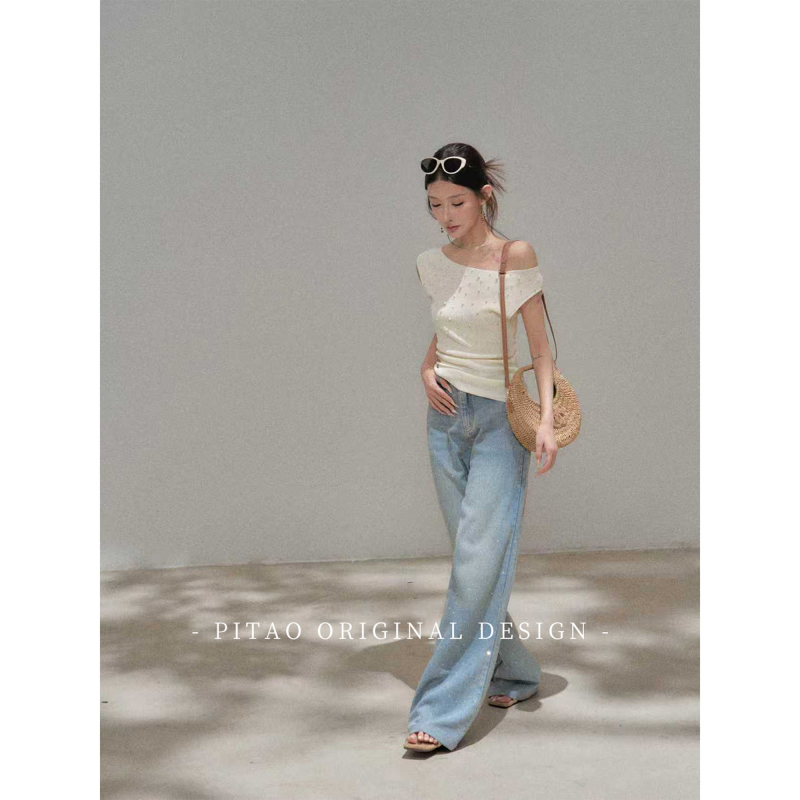 Pitao Original "Gypsophila Sky" Summer New Women's Clothing Rhinestone Straight Loose Lyocell Denim Pants Long Pants Pitao Original "Gypsophila Sky" Summer New Women's Clothing Rhinestone Straight Loose Lyocell Denim Pants Long Pants