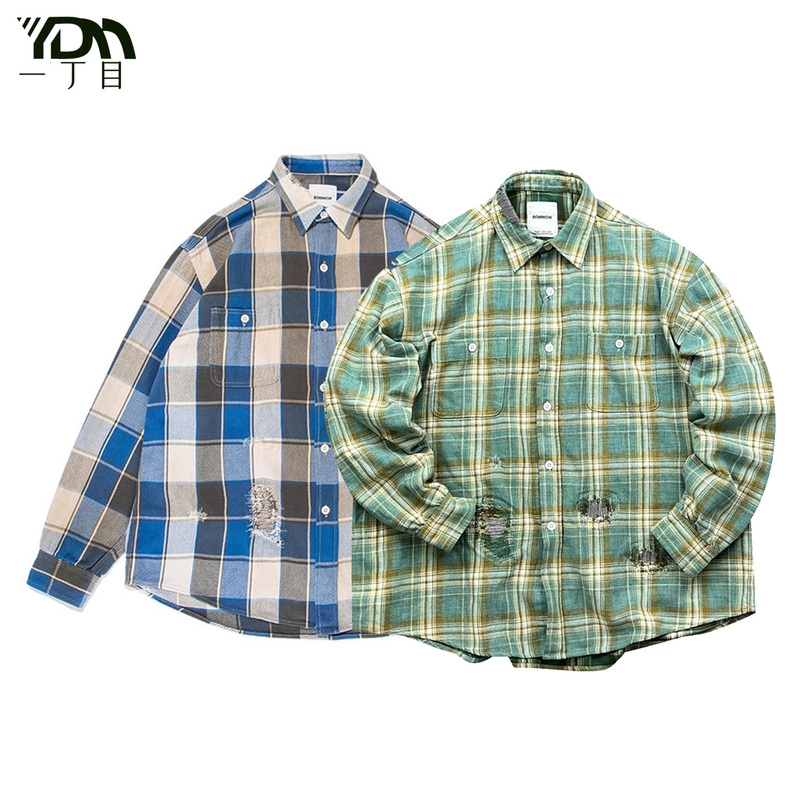 Bowwow Beams Japanese Retro Distressed Plaid Shirt Men's Loose Casual Long-Sleeved Plaid Shirt Top
