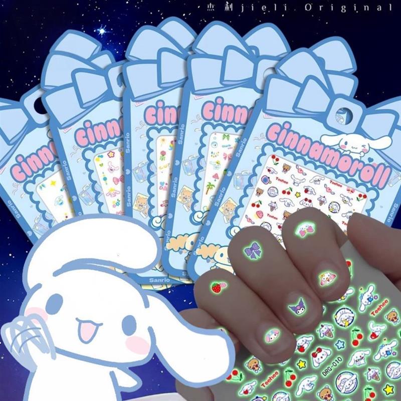 Cinnamon Dog Children's Nail Stickers for Girls, New Cartoon Pattern Cinnamon Dog Adhesive Stickers, Big-Eared Dog Luminous Nail Stickers