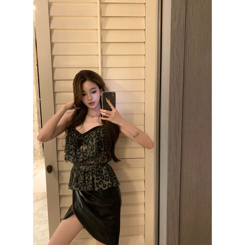 Shirley's "Mist Leopard Print" Retro Hot Girl Style Leopard Print Camisole Top and Hip-Hugging Leather Skirt Set for Women