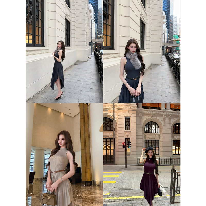 Shirley's "Warm as Jadeite" Early Autumn Half-High Collar Sleeveless Knitted Waist-Cinching Elegant Dress