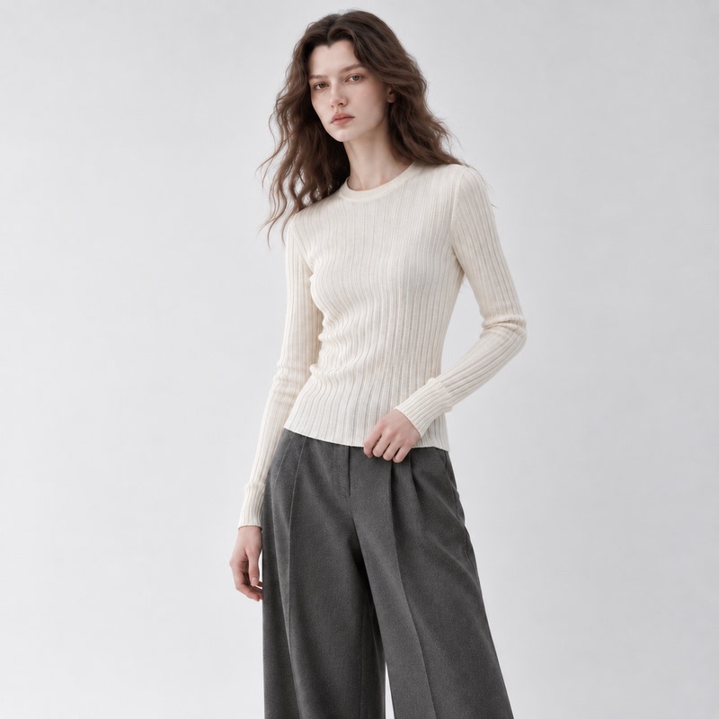 Heying Official~ Cashmere Wool Fine Knit Base Shirt Vertical Stripe Round U-Neck Sweater Long Sleeve Warm Knitted Slim-Fit Top Heying Official~ Cashmere Wool Fine Knit Base Shirt Vertical Stripe Round U-Neck Sweater Long Sleeve Warm Knitted Slim-Fit Top
