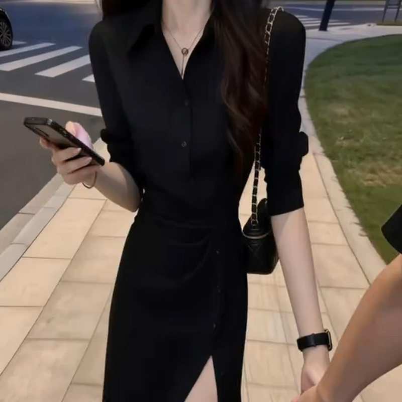 Elegant and Sophisticated Black Dress with a High-End Goddess Vibe, 2026 Autumn and Winter New Style, Stylish Slit Long Dress for Women