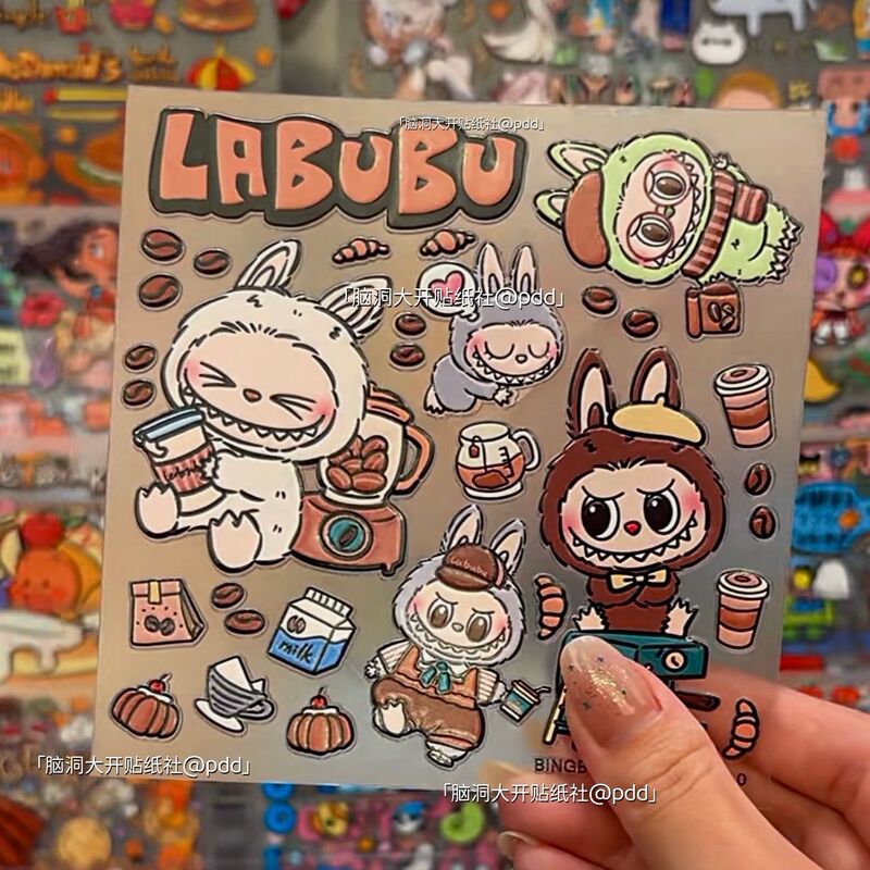 New Pop Cute Labubu Coffee Labubu Embossed Stickers DIY Water Cup Phone iPad Decoration Waterproof